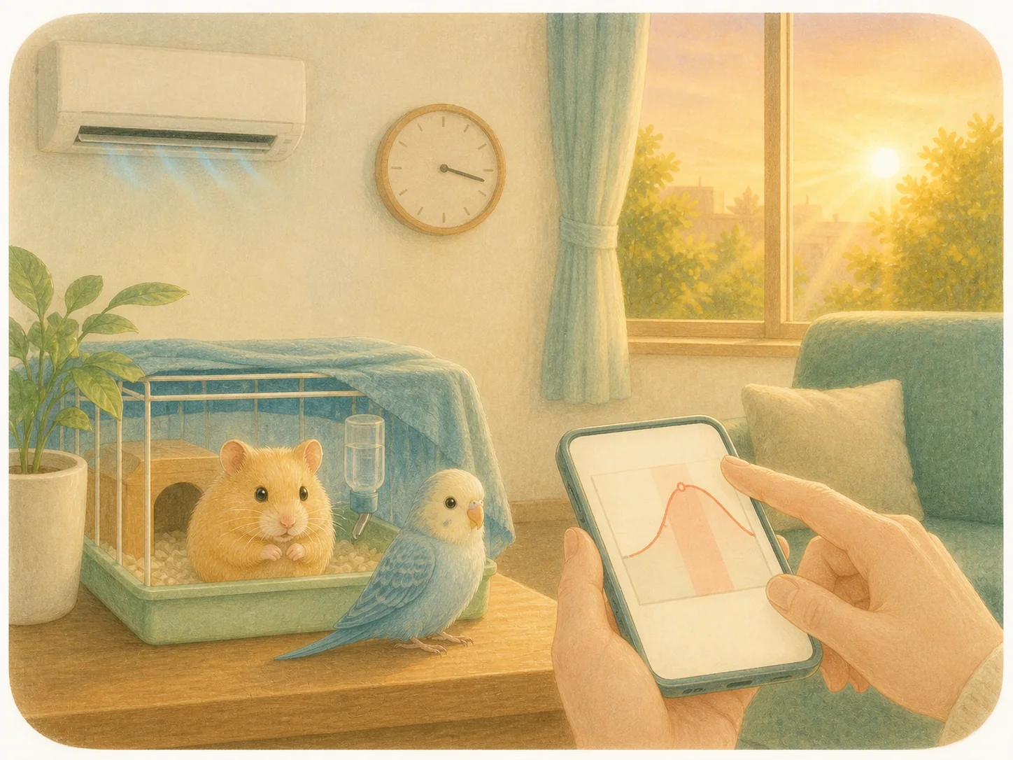 西日の入る午後にスマートフォンで温度変化を確認する様子