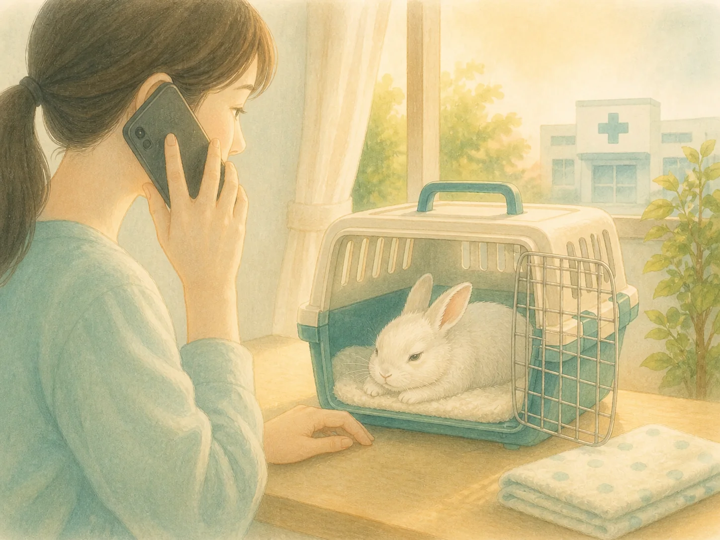具合の悪いウサギをキャリーに入れて動物病院へ電話する飼い主